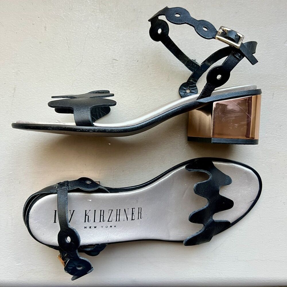 Ivy Kirzhner NY Lala Black Leather Sandals Rose Gold Block‎ Heel 38.5 US 8 - 8.5